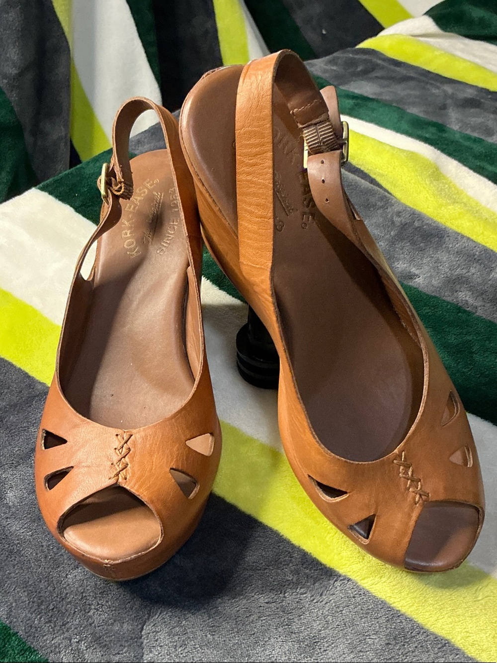 Kork-Ease Tan Leather Open-Toe Platform Peep-Toe Slingback Wedges-Size 8